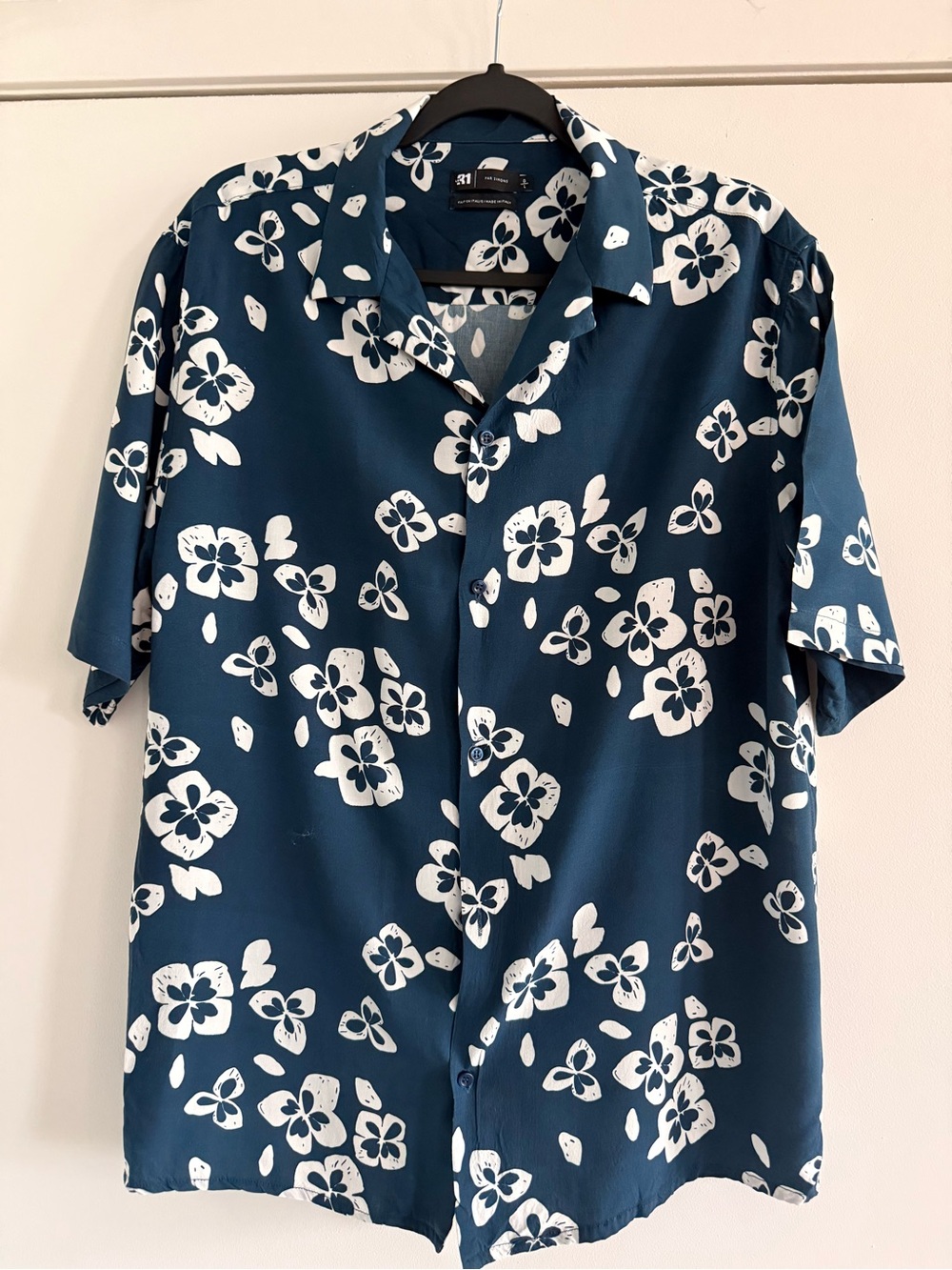 Simons Teal and White Floral Short-Sleeve Button-Up Shirt